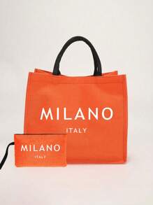 一套亚麻手提袋，包含一个印有“米兰，意大利”字样的手提袋和一个印有花卉和字母图案的小收纳袋，个性化礼品包装，适合婚礼、生日、海滩、度假等场合，是送给女性、母亲、教师、朋友、伴娘、学生和返校季的完美礼物。