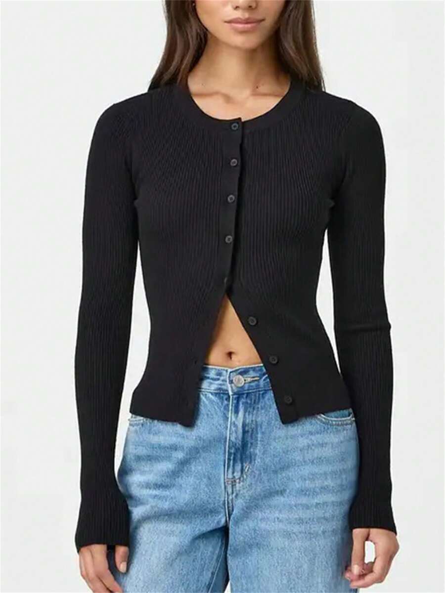 Women's Autumn Sweater Cardigan Solid Color Long Sleeve Round Neck Button Up Ribbed Knitwear - Deep Sky Blue - View 1