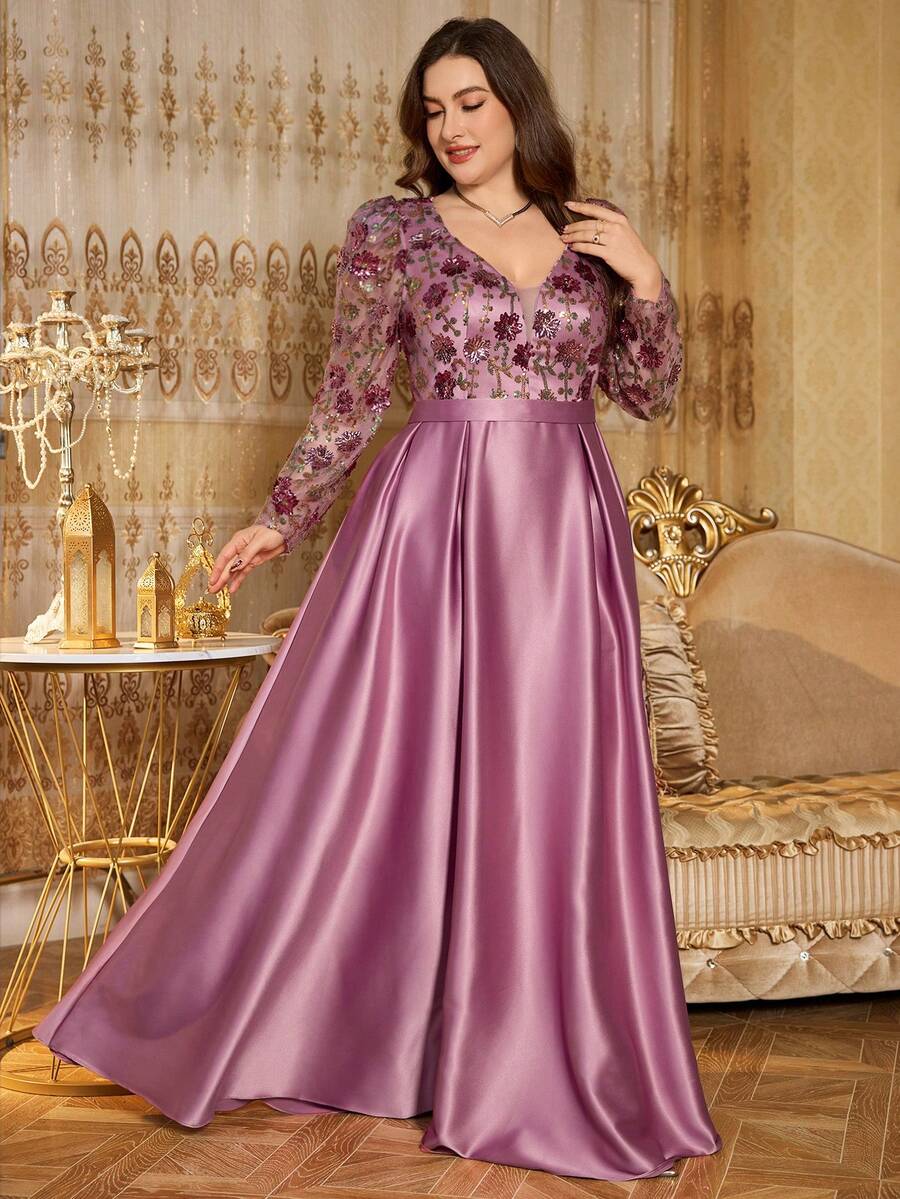 SUPGIR Plus Size V-Neck Princess Sleeve Sequin Embroidered Satin Ruffle Dress, For Evening Party - Red Violet - View 1