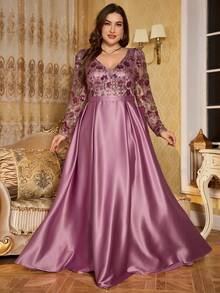 SUPGIR Plus Size V-Neck Princess Sleeve Sequin Embroidered Satin Ruffle Dress, For Evening Party - Red Violet - View 6