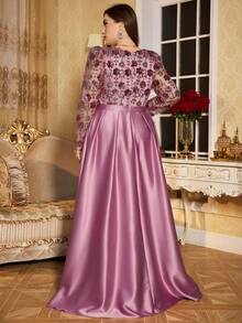 SUPGIR Plus Size V-Neck Princess Sleeve Sequin Embroidered Satin Ruffle Dress, For Evening Party - Red Violet - View 2