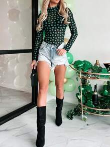 女士圣帕特里克节三叶草印花长袖网眼紧身衣