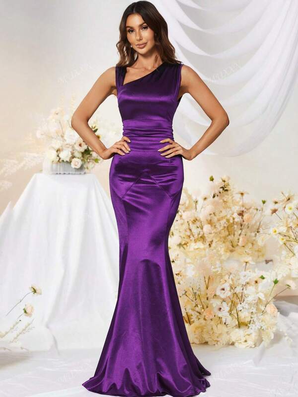 MUXXN Vestido de fiesta de satén con cuello asimétrico y bajo de sirena estilo años 50, para eventos formales, ceremonias, invitados a bodas