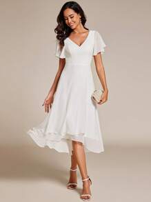 EVERPRETTY Elegant Chiffon Plain V Neck Short Sleeve Ruffle Hem Midi White Bachelorette Party Dresses Formal Dress Bridal Shower Dress Wedding Dress For Bride Engagement Dresses
