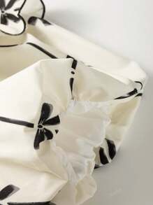 Acelitt Blusa con scollo a V arricciata con ruches, maniche a palloncino, decorata con fiocco e stampa, colore beige