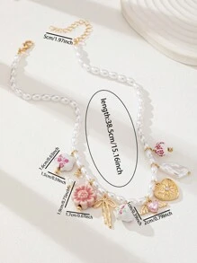 1pc Ceramic Flower Tea Cup & Bow Heart Pendant Necklace For Women, Faux Pearl Beaded Charm Necklace, Charm Jewelry, Lucky Charm Necklace (Handmade Ceramic With Random Color & Pattern)