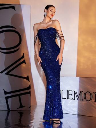 LOVE&LEMONADE 蓝色亮片串珠长款晚礼服、派对礼服、正式礼服、婚礼宾客礼服