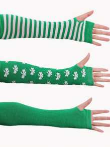St. Patrick's Day Clover Stripe Basic Knit Fingerless Gloves - Multicolor - View 9