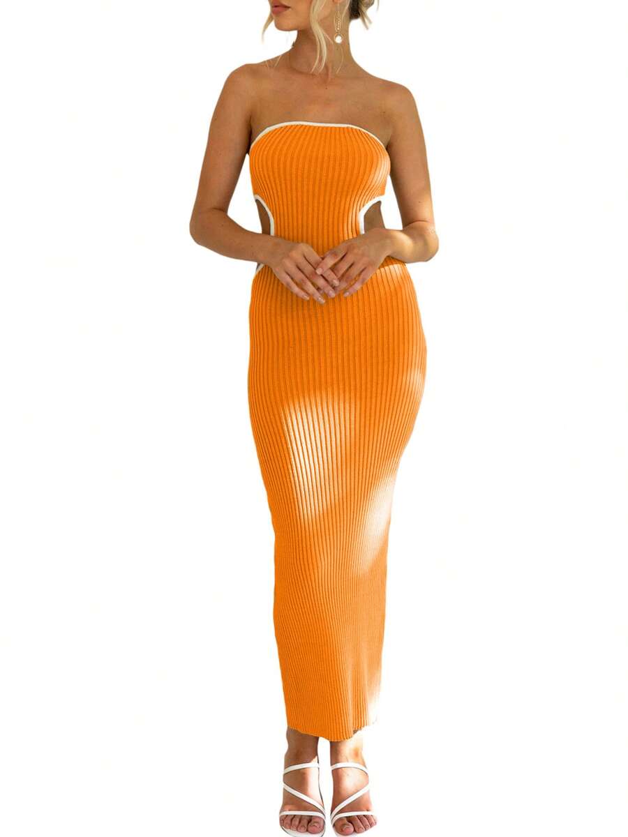 Women's Bodycon Tube Dress, Strapless Side Cutout Contrast Color Ribbed Long Dress - Orange - View 1