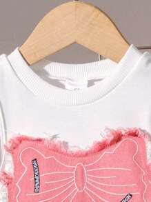 年轻女孩两件套：时尚短款无袖蝴蝶印花背心和做旧蝴蝶刺绣牛仔裤，夏季 - 粉色 - 查看 3