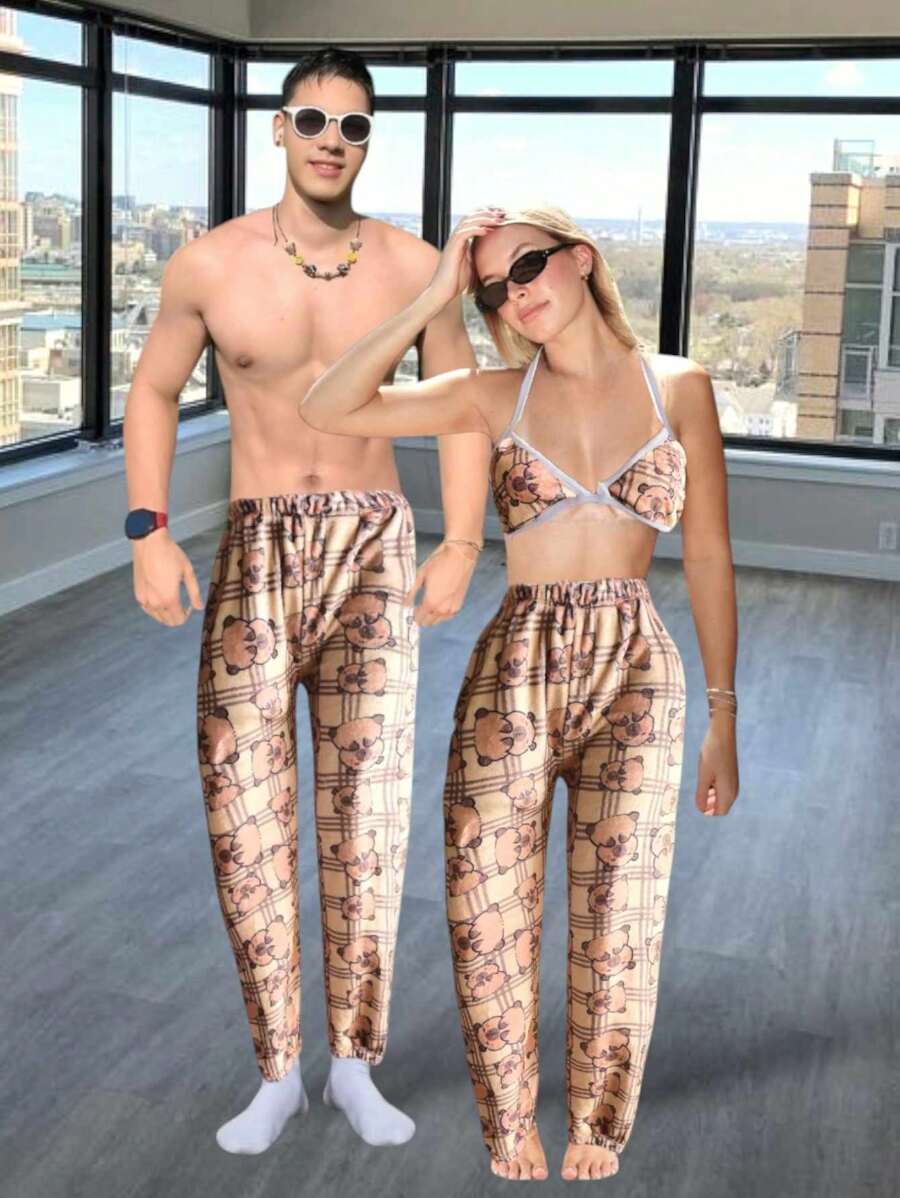 Couple 3-Piece Pajama Set Jogger Set With Women's Top And Men's Jogger - Khaki - View 1