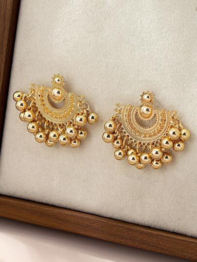 Fashionable Retro Fan-Shaped Hollow Out Temperament Bohemian Style Tassel Pendant Earrings (Excluding Gift Box)