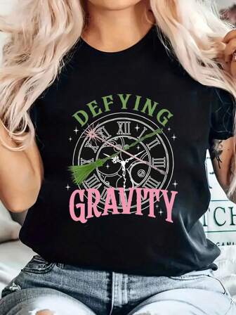 Trenz Shirt Company Wicked-Inspired Tshirt Defying Gravity Short Sleeve T-Shirt Cotton Graphic Tee For Women, Round Neck Short Sleeve Casual Tops