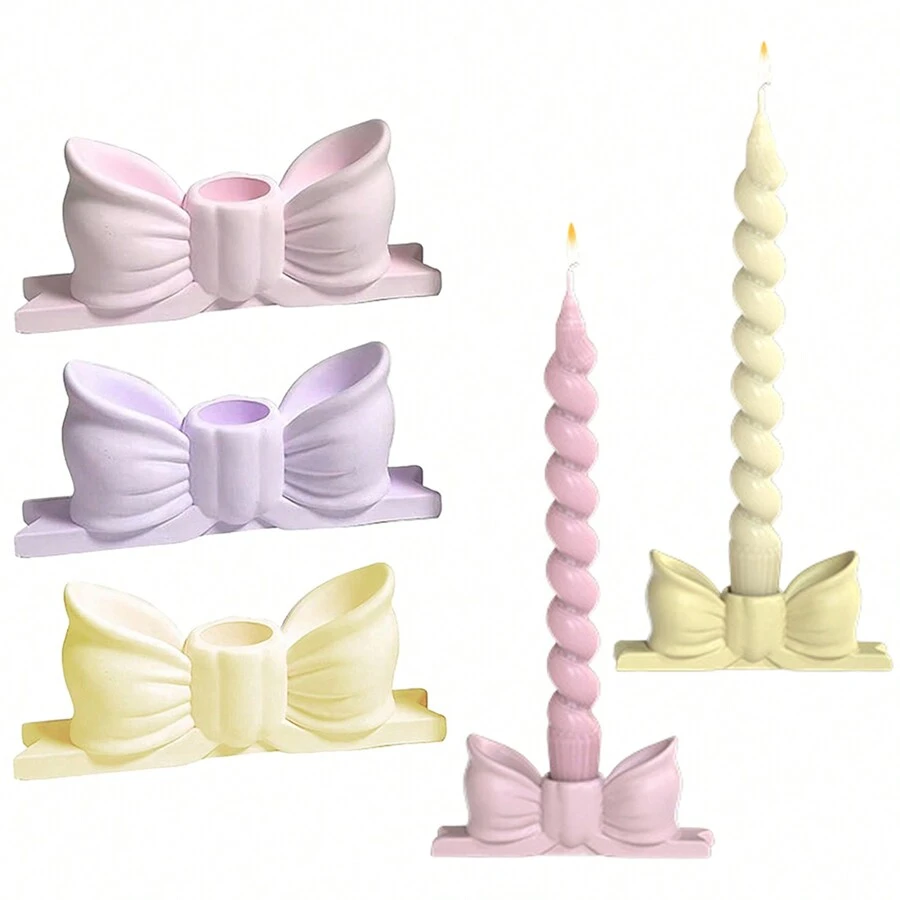 Bougeoir style Ins avec nœud rose, convient pour les bougies, bougeoir en plâtre décoratif, décoration centrale, convient pour la table à manger, le dîner de mariage