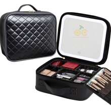 1 neceser de viaje con espejo iluminado por LED, organizador de brochas de maquillaje, estuche de maquillaje con espejo, neceser de maquillaje portátil, organizador de cosméticos de viaje, neceser de cosméticos, estuche de cosméticos con compartimentos ajustables, organizador de cosméticos impermeable, herramienta de almacenamiento, con espejo, con compartimentos, con organizador de brochas de maquillaje, con asa de transporte, diseño de rombos, alta calidad, adecuado para el hogar, la empresa, la escuela, de viaje (rombo negro, rombo rosa)