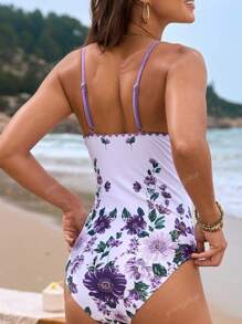 1pc Women Floral One-Piece Swimsuit With Cover Up Skirt 2pcs Set