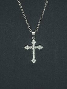 1 pièce Collier pendentif croix à la mode pour femme, en alliage de couleur argent avec strass, longueur de chaîne réglable, style classique gothique punk hip-hop rétro, convient pour les fêtes, les célébrations et le port quotidien