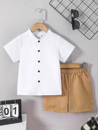 Set de 2 piezas para niños pequeños: camisa de manga corta con cuello alto y botones + pantalón corto casual a rayas de manga corta, multifuncional y de moda para primavera/verano