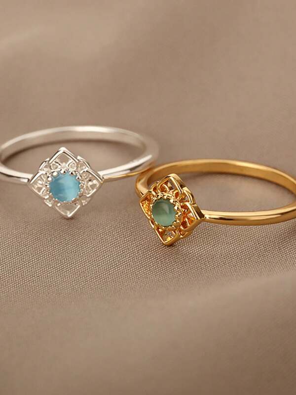 1Pc Dainty Sun Opal Ring For Women 18K Gold-Plated Copper Finger Ring Ladies Jewelry Fashion Accessories Valentine's Day Gifts