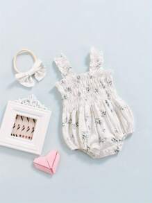 Floral Print Sleeveless Jumpsuit for Baby Girls with Elasticated Bust and Adjustable Straps, Plus Bow Headband - Blanco - Ver 3