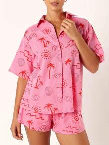 Women's 2 Piece Lounge Set Short Sleeve Lapel Button Up Tops Sun Tropical Tree Print Shorts Sleepwear Sets