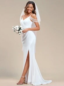 EVER-PRETTY Minimalistisches Perlendekor Fischschwanz-Hochschlitz Spaghettiträger weißes Hochzeitskleid Brautkleid für Sommerhochzeit