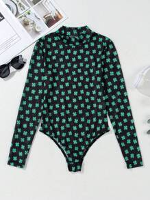 女士圣帕特里克节三叶草印花长袖网眼紧身衣