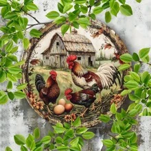 1 pieza Letrero de metal de granja vintage con gallo, arte de pared redondo de 8x8 pulgadas, decoración divertida de animal de granja, regalo duradero para interior/exterior para cocina, cafetería, dormitorio, oficina, sala de estar, posición aleatoria de agujeros