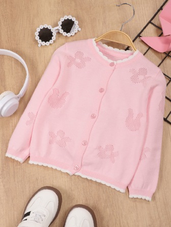 Young Girl Floral Hollow-Out Lightweight Ruffled Cardigan, Casual Windbreaker Anti-UV Thin Long Sleeve Knitted Top Suitable For Spring/Summer/Autumn