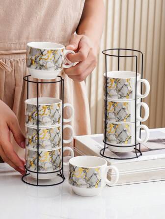 1 Set Ceramic Europeanstyle Black&White Marble Gilt Coffee Cup 4-Piece Set With Metal Rack, Nordic Gilded European-American Luxurious High-Grade Marble Pattern Gilt Design Coffee Cup Set, Suitable For Hotel, Restaurant, Cafe, Exhibition Hall, Company Meeting, Family Dining, And Public Tableware Back To School