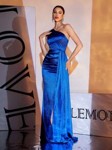 LOVE&LEMONADE Blue Satin One Shoulder Split Flowy Maxi Evening Gown,Party Dress,Formal,Wedding Guest - Blue - View 3