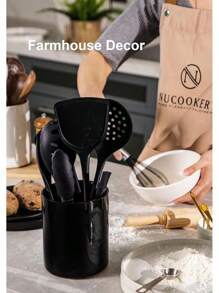 Utensil Holder, 6.4" Ceramic Kitchen Utensil Holder With Countertop-Protection Cork Bottom, Farmhouse Kitchen Decor For Counter (Black)