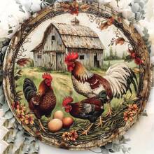 1 pieza Letrero de metal de granja vintage con gallo, arte de pared redondo de 8x8 pulgadas, decoración divertida de animal de granja, regalo duradero para interior/exterior para cocina, cafetería, dormitorio, oficina, sala de estar, posición aleatoria de agujeros