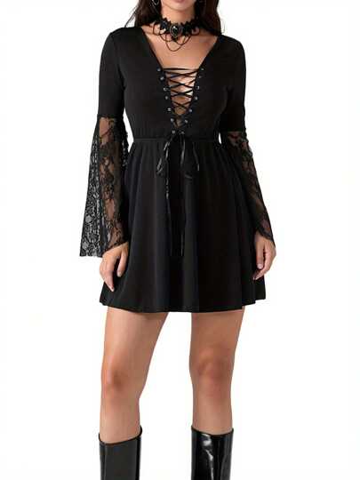 Halloween Witch Cosplay Costume For Women Lace Flare Long Sleeve Cross Tie Front Short A-Line Dress With Hat Outfits