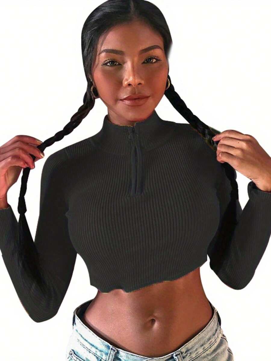 Women Half Zip Turtleneck Long Sleeve Ribbed Knit Fitted Top High Neck Pullover Tee Blouse - 黑色 - 查看 1