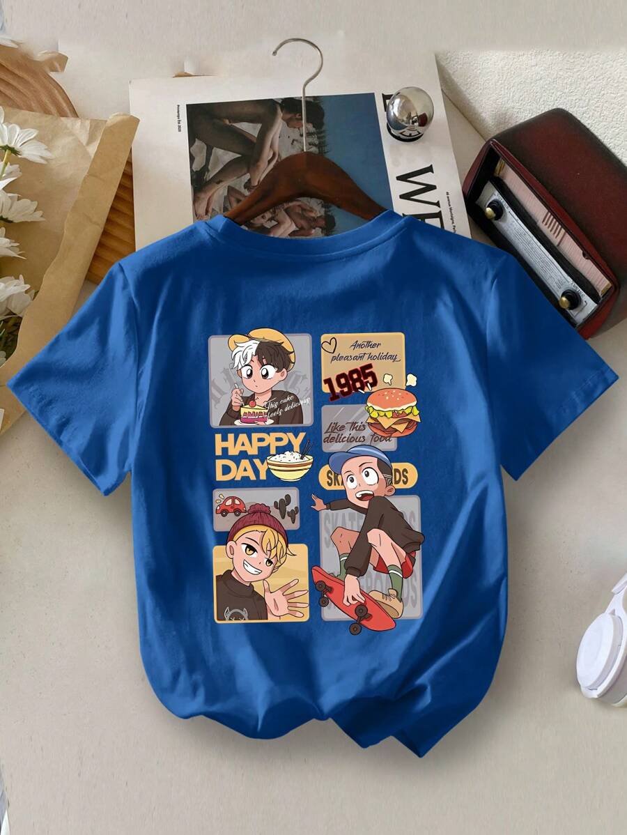 Young Boy Summer Short-Sleeved Happy Day Eating Hamburgers And Cakes Playing Skateboard Lettering Printed Round-Neck T-Shirt - Royal Blue - View 1