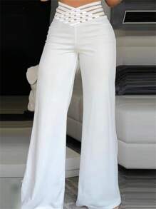 Women Wide Leg Pants High Waist Hollowed Loose Flared Pants Trousers Streetwear Clubwear - 白色 - 查看 1
