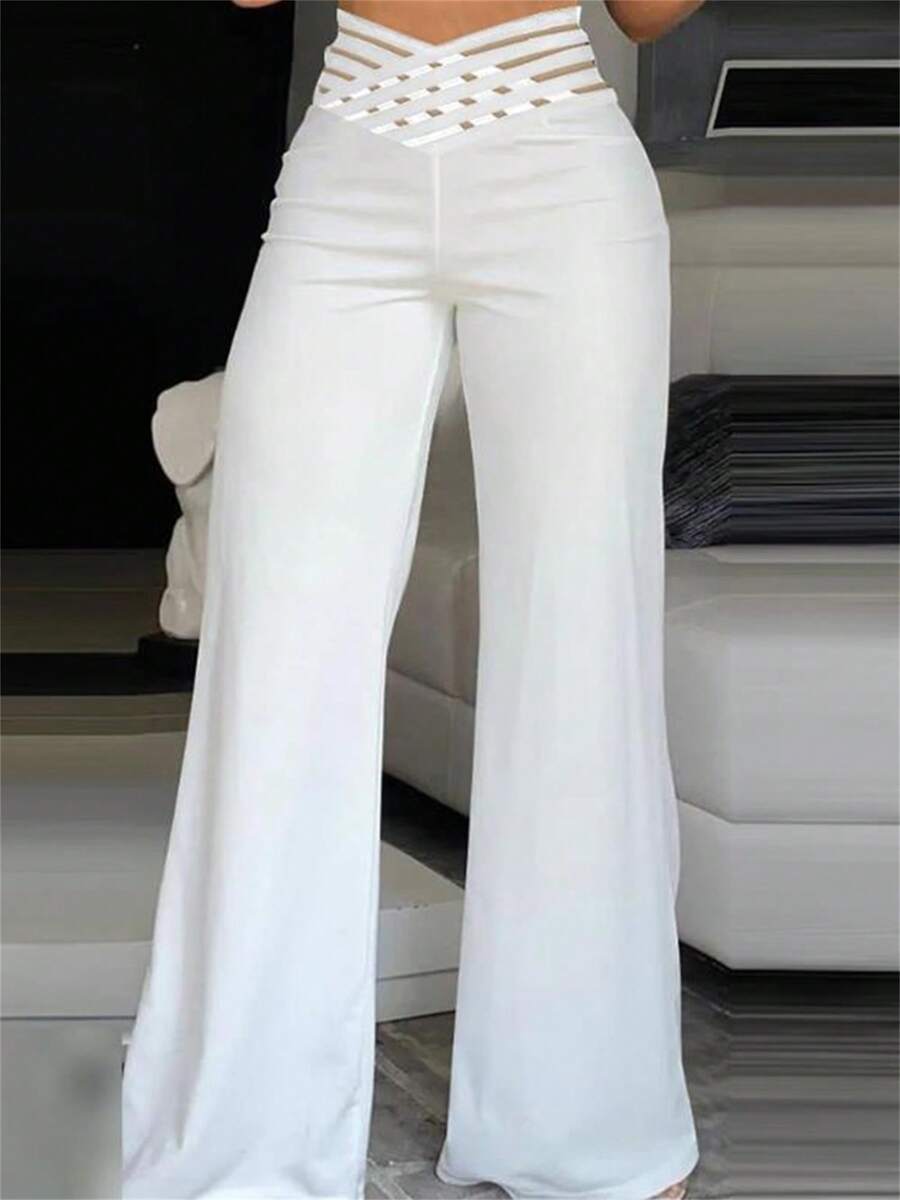 Women Wide Leg Pants High Waist Hollowed Loose Flared Pants Trousers Streetwear Clubwear - 白色 - 查看 1