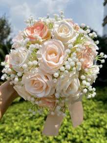 1 件新娘婚礼花束人造花束用于婚礼丝绸新娘伴娘手捧花花束用于情人节装饰婚礼派对用品家居装饰仿珍珠蕾丝网玫瑰花束情人节情人节 - 彩色 - 查看 16