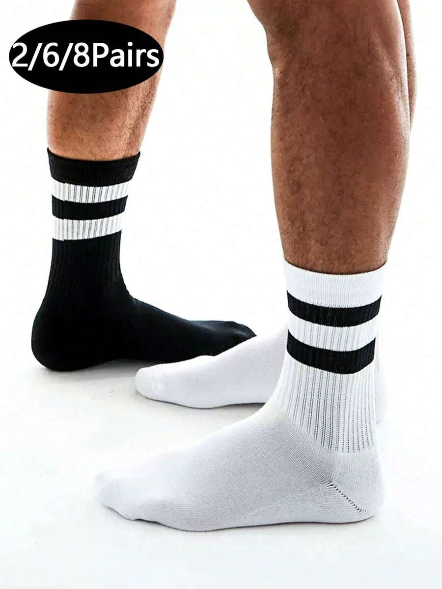 2/6/8 pares de calcetines deportivos de rayas bicolor negras y blancas para hombres, longitud de media pantorrilla/tripulación, calcetines de fitness unisex