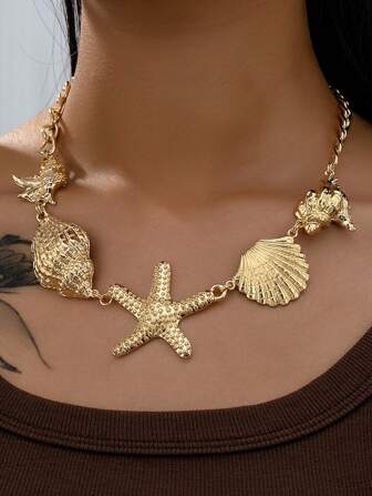 1 件金色夏季度假海滩贝壳海星项链女士款