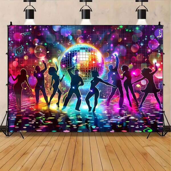 1 Pc Retro Disco Party Background - 70s 80s 90s Vintage Neon Music Theme - Polyester Photo Booth Backdrop, Suitable For Birthday Party And Nightclub Events, Universal Fit, No Power Required