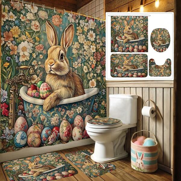 1/4pcs Easter Decorations Shower Curtain Set Bunny Easter Eggs Floral Bathtub Rabbit Cute Vintage Cottagecore Green Shower Curtain Washable For Spring Bathroom Shower Ornament Gift Home With12hooks Non-Slip Bath Mat U-Shape Toilet Lid Cover Matbathroom Decor Summer Bathroom Accessories Back To School