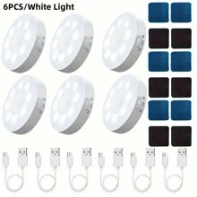 1 pieza/3 piezas/6 piezas Luces LED de gabinete USB con sensores de movimiento PIR, blanco/blanco cálido Luces nocturnas LED recargables, iluminación debajo del gabinete, iluminación debajo del mostrador para cocina, luz de armario, luces debajo del gabinete activadas por movimiento, tiras magnéticas adhesivas adecuadas para armarios, gabinetes, escaleras y dormitorios