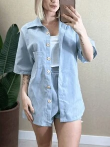 Linen Shorts And 3/5 Sleeve Shirt Set - Baby Blue - View 1