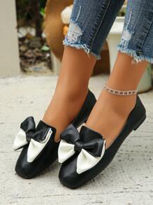 Women's Color Blocking Bowknot Decor Square Toe Low Heel Flat Mary Jane Shoes, Cute & Elegant Style, Versatile For Daily Wear & Commuting, Black Soft Bottom Casual Flats