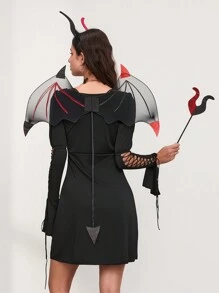 Women Halloween Devil Costume Tie Front Dress With Collar Necklace Set For Cosplay Role-Playing Party Outfits