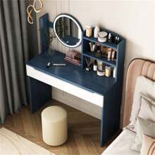 31.5" Makeup Vanity Table Set With HD Mirror, Cushion Stool And Large Drawers, Makeup Dressing Desk Furniture For  Apartment Bedroom/Girls Gift Blue