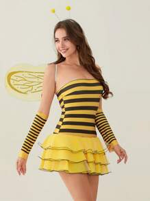 Women Halloween Outfit, Sleeveless Striped/Dots Print Ladybug/Bee Cosplay Dress Hair Hoop Wings