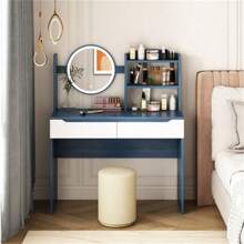 31.5" Makeup Vanity Table Set With HD Mirror, Cushion Stool And Large Drawers, Makeup Dressing Desk Furniture For  Apartment Bedroom/Girls Gift Blue